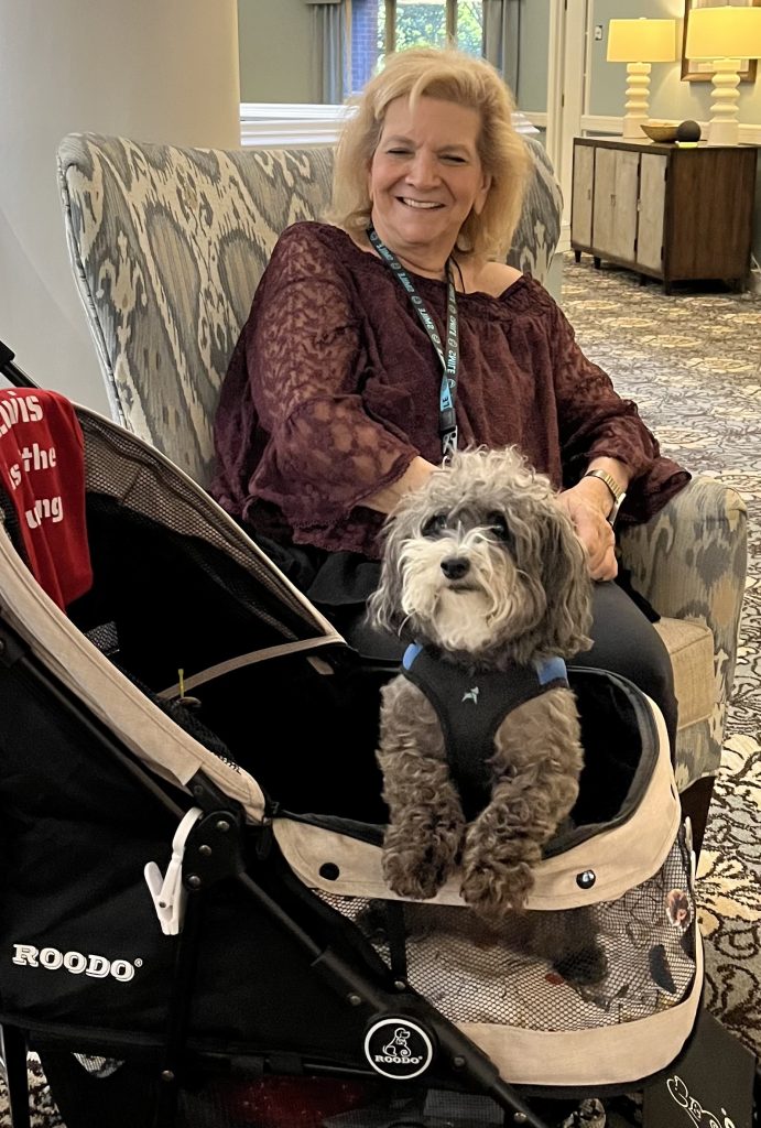 A woman sitting in an armchair smiles while a small black and gray dog in a harness sits in a stroller in front of her in a cozy indoor setting.