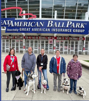 Five people stand in front of Great American Ball Park with four service dogs on leashes, posing and smiling for the camera. The stadium entrance and signage are visible behind them.