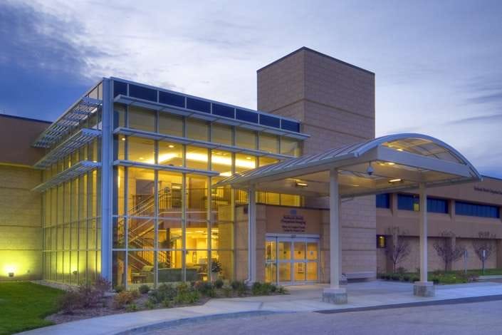 Outside of a hospital with lights on