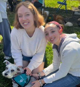 Two young women smile while petting a small therapy dog wearing a green vest that says Ava.