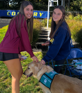 Two young women smile while petting a golden retriever therapy dog wearing a teal vest that reads Leo and Therapy Dog.