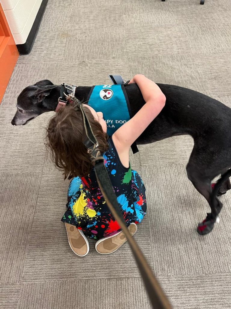 A young child in a colorful dress hugs a black therapy dog wearing a blue vest, indoors on a carpeted floor. The photo is taken from above, with a leash leading from the dog toward the camera.